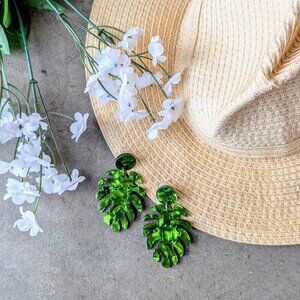 Emerald Green Palm Monstera Leaf Tortoise Lucite Dangle Drop Earrings
